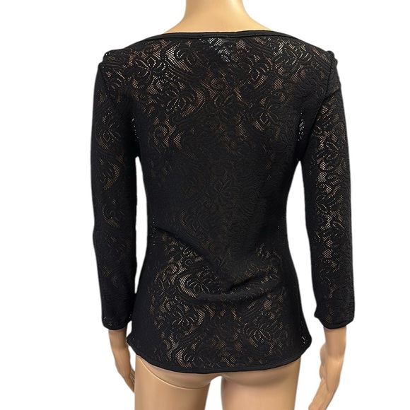 Cache Black Lace 3 Quarter Sleeve Sheer Stretch Cut Out Pullover Top Womens XS - Picture 4 of 8